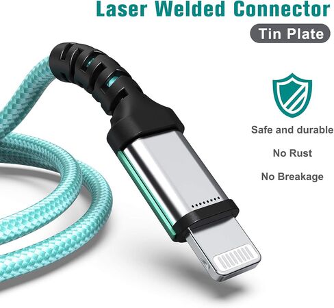 Tera Grand - Apple C89 MFi Certified Lightning to USB Braided Cable for iPhone 14/13/12/11 Pro Pro Max Plus Mini, SE XS Max XR X, 8/7/6 Plus, iPad, AirPods, 7 Ft Blue/Green in Kuwait