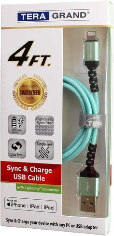 Tera Grand - Apple C89 MFi Certified Lightning to USB Braided Cable for iPhone 14/13/12/11 Pro Pro Max Plus Mini, SE XS Max XR X, 8/7/6 Plus, iPad, AirPods, 7 Ft Blue/Green in Kuwait