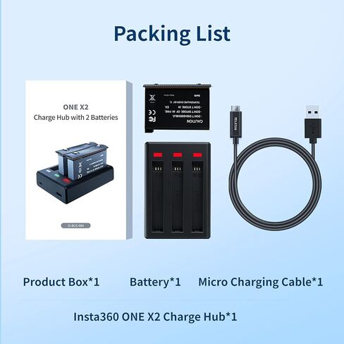 بطارية Adaptom Insta360 ONE X2 (عبوتان) وحزمة قاعدة شاحن USB ثلاثية سريعة متوافقة مع بطاريات Insta 360 الأصلية وملحقات الشاحن (البطارية غير مقاومة للماء) in Kuwait