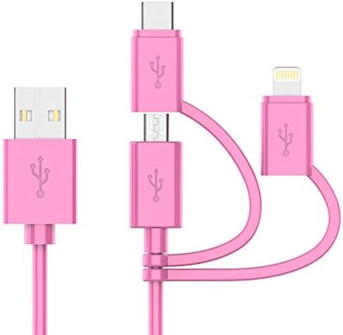 Apple MFI Certified 3-in-1 Cable, Lightning/Type C/Micro USB Cable for iPhone, iPad, Huawei, HTC, LG, Samsung Galaxy, Sony Xperia, Android Smartphones, iPad Pro 2018 and More 3 in 1 Pink(6FT) in Kuwait