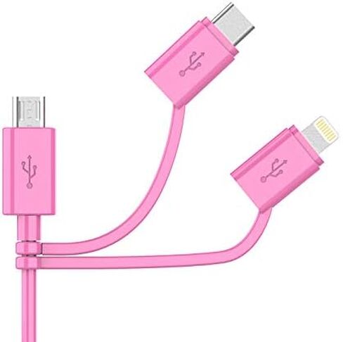 Apple MFI Certified 3-in-1 Cable, Lightning/Type C/Micro USB Cable for iPhone, iPad, Huawei, HTC, LG, Samsung Galaxy, Sony Xperia, Android Smartphones, iPad Pro 2018 and More 3 in 1 Pink(6FT) in Kuwait