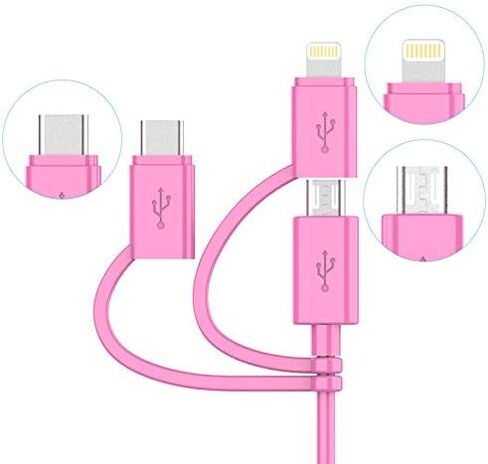 Apple MFI Certified 3-in-1 Cable, Lightning/Type C/Micro USB Cable for iPhone, iPad, Huawei, HTC, LG, Samsung Galaxy, Sony Xperia, Android Smartphones, iPad Pro 2018 and More 3 in 1 Pink(6FT) in Kuwait
