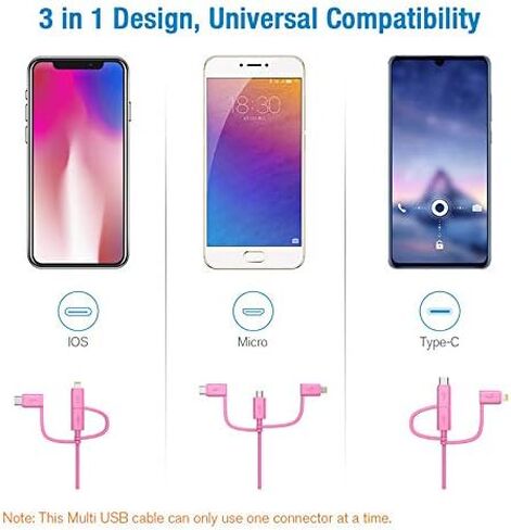 Apple MFI Certified 3-in-1 Cable, Lightning/Type C/Micro USB Cable for iPhone, iPad, Huawei, HTC, LG, Samsung Galaxy, Sony Xperia, Android Smartphones, iPad Pro 2018 and More 3 in 1 Pink(6FT) in Kuwait