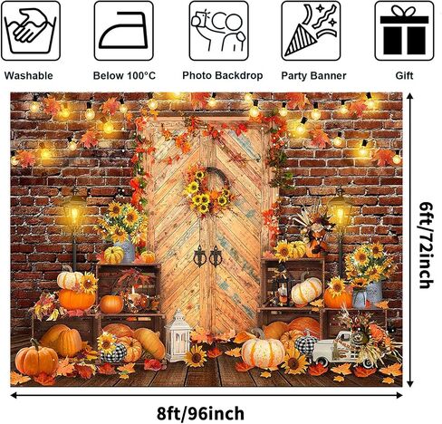 Avezano Fall Photography Backdrop Rustic Barn Door Brick Wall Family Portrait Photo Background Autumn Pumpkin Sunflower Thanksgiving Day Decorations Harvest Booth Banner (8x6ft) in Saudi Arabia