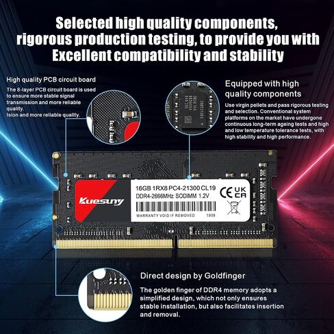 Kuesuny DDR4 Ram 32GB 2666MHz (2x16GB) Kit PC4-21300 Non-ECC Unbuffered 1.2V CL19 1Rx8 Single Rank 260 Pin Sodimm كمبيوتر محمول كمبيوتر محمول ذاكرة الوصول العشوائي وحدة ذاكرة الوصول العشوائي in Kuwait