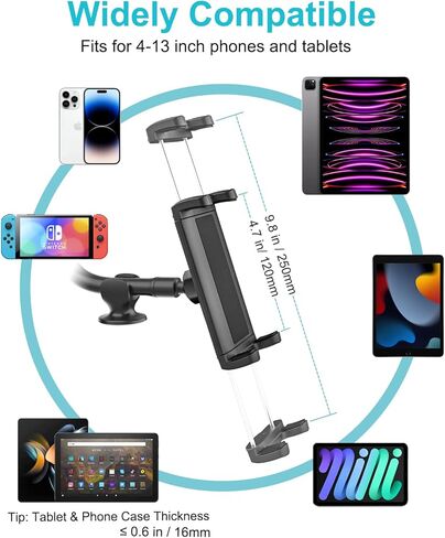 حامل كمبيوتر لوحي على الزجاج الأمامي للسيارة من Aozcu للشاحنة، [ذراع طويلة مرنة ومتينة] حامل لوحي على لوحة القيادة لنافذة معقوفة، قاعدة تثبيت قوية لجهاز iPad 12.9 Pro Air Mini، هاتف، أجهزة لوحية مقاس 4-13 بوصة in Kuwait