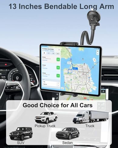 حامل كمبيوتر لوحي على الزجاج الأمامي للسيارة من Aozcu للشاحنة، [ذراع طويلة مرنة ومتينة] حامل لوحي على لوحة القيادة لنافذة معقوفة، قاعدة تثبيت قوية لجهاز iPad 12.9 Pro Air Mini، هاتف، أجهزة لوحية مقاس 4-13 بوصة in Kuwait