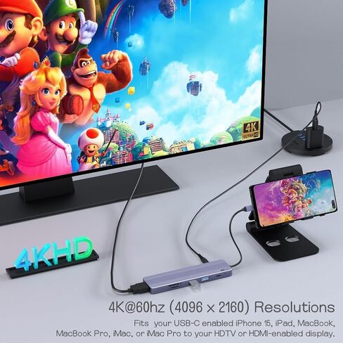 موزع USB C 7 في 1 مع HDMI 4K@60HZ، وموزع USB C إلى USB مع PD 60W، وقارئ بطاقة SD/TF تصميم محول متعدد المنافذ لهاتف iPhone 15 Pro/Max/Plus، وMacBook، وiPad Pro، وiMac، والأجهزة الأخرى التي تدعم USB-C ( رمادي) in Kuwait