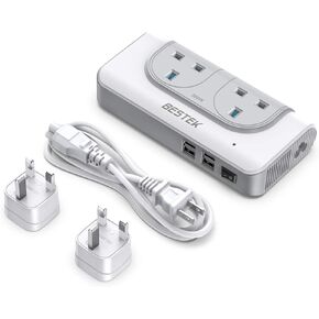 محول الجهد الكهربائي BESTEK 200 واط من 100 فولت إلى 240 فولت مع 4 منافذ USB لشحن جميع أنحاء العالم إلى شاحن السفر الأمريكي (أبيض) in Kuwait