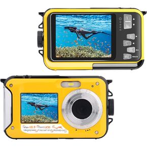 كاميرا رقمية مقاومة للماء، 48 ميجابكسل 2.7 كيه 16X تكبير مزدوج الشاشة مقاومة للماء، كاميرا تحت الماء 10 أقدام للغطس - أصفر in Kuwait