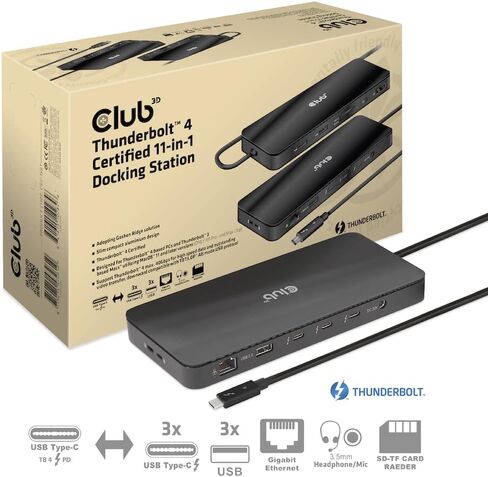 محطة إرساء Club 3D CSV-1581 Thunderbolt 4 11-1 من Intel معتمدة لفيديو مزدوج 4K أو قارئ بطاقة SD فردي 8K 30 هرتز 96 وات in Kuwait