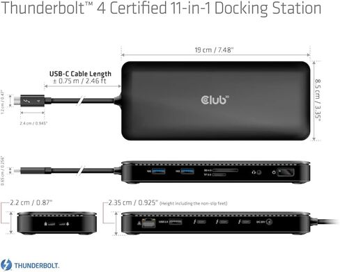 محطة إرساء Club 3D CSV-1581 Thunderbolt 4 11-1 من Intel معتمدة لفيديو مزدوج 4K أو قارئ بطاقة SD فردي 8K 30 هرتز 96 وات in Kuwait