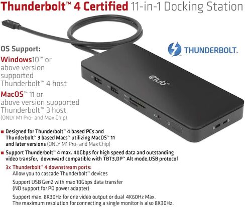محطة إرساء Club 3D CSV-1581 Thunderbolt 4 11-1 من Intel معتمدة لفيديو مزدوج 4K أو قارئ بطاقة SD فردي 8K 30 هرتز 96 وات in Kuwait