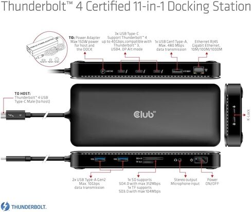 محطة إرساء Club 3D CSV-1581 Thunderbolt 4 11-1 من Intel معتمدة لفيديو مزدوج 4K أو قارئ بطاقة SD فردي 8K 30 هرتز 96 وات in Kuwait