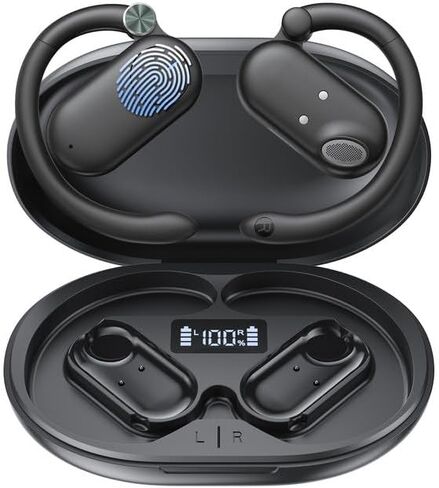 سماعات أذن بلوتوث مفتوحة، شحن لاسلكي لسماعات الأذن F15، وقت تشغيل 60 ساعة، ملاءمة مفتوحة، شاشة عرض طاقة LED، صوت جهير عميق، سماعات بلوتوث تعمل باللمس مع خطافات أذن قابلة للتعديل للتمرين in Kuwait