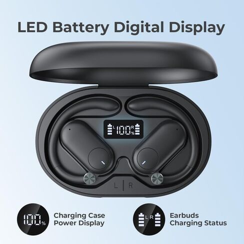 سماعات أذن بلوتوث مفتوحة، شحن لاسلكي لسماعات الأذن F15، وقت تشغيل 60 ساعة، ملاءمة مفتوحة، شاشة عرض طاقة LED، صوت جهير عميق، سماعات بلوتوث تعمل باللمس مع خطافات أذن قابلة للتعديل للتمرين in Kuwait