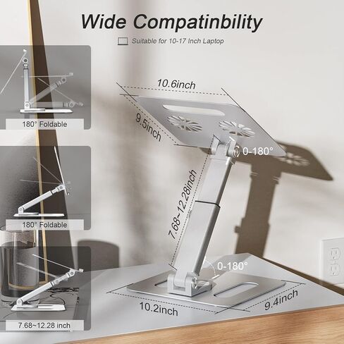 Lersyco Laptop Stand for Desk Adjustable Height, Metal Laptop Riser for Desk with 360°Rotation, Ergonomic Computer Holder for 10 to 17 Inches Silver in Saudi Arabia