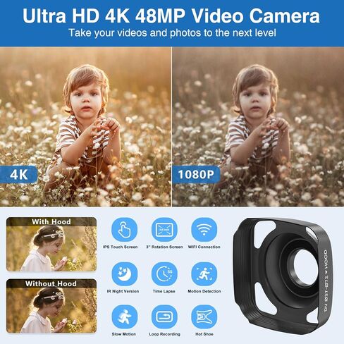 DuaFcoh 4K Video Camera Camcorder 48MP Vlogging Camera for YouTube WiFi Digital Camera 16X Digital Zoom IR Night Shot Camcorder with Microphone, Stabilizer, Lens Hood, Batteries in Kuwait