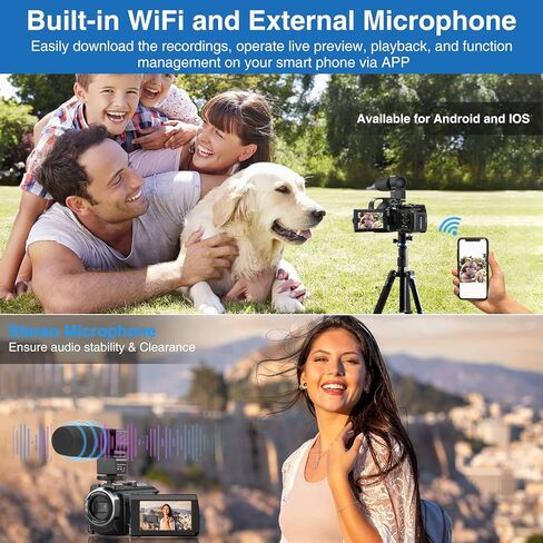DuaFcoh 4K Video Camera Camcorder 48MP Vlogging Camera for YouTube WiFi Digital Camera 16X Digital Zoom IR Night Shot Camcorder with Microphone, Stabilizer, Lens Hood, Batteries in Kuwait