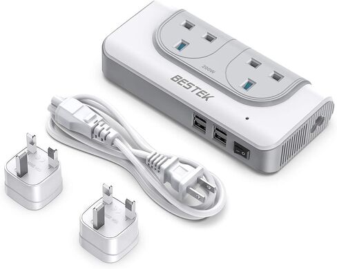 محول الجهد الكهربائي BESTEK 200 واط من 100 فولت إلى 240 فولت مع 4 منافذ USB لشحن جميع أنحاء العالم إلى شاحن السفر الأمريكي (أبيض) in Kuwait
