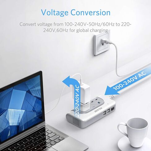 محول الجهد الكهربائي BESTEK 200 واط من 100 فولت إلى 240 فولت مع 4 منافذ USB لشحن جميع أنحاء العالم إلى شاحن السفر الأمريكي (أبيض) in Kuwait