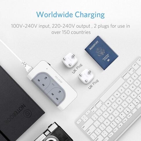 محول الجهد الكهربائي BESTEK 200 واط من 100 فولت إلى 240 فولت مع 4 منافذ USB لشحن جميع أنحاء العالم إلى شاحن السفر الأمريكي (أبيض) in Kuwait