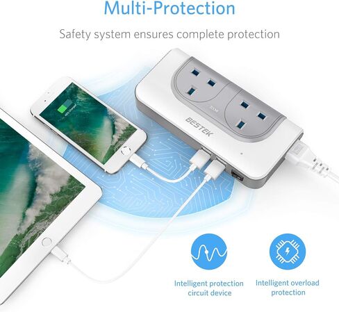 محول الجهد الكهربائي BESTEK 200 واط من 100 فولت إلى 240 فولت مع 4 منافذ USB لشحن جميع أنحاء العالم إلى شاحن السفر الأمريكي (أبيض) in Kuwait