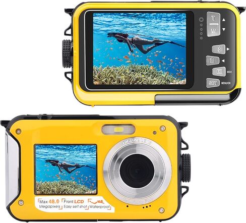 كاميرا رقمية مقاومة للماء، 48 ميجابكسل 2.7 كيه 16X تكبير مزدوج الشاشة مقاومة للماء، كاميرا تحت الماء 10 أقدام للغطس - أصفر in Kuwait