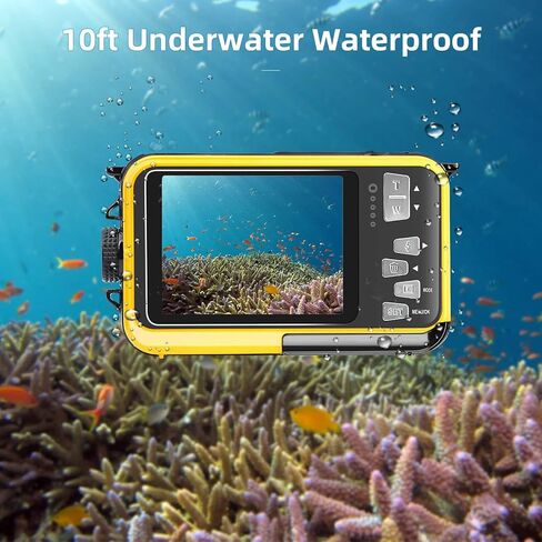 كاميرا رقمية مقاومة للماء، 48 ميجابكسل 2.7 كيه 16X تكبير مزدوج الشاشة مقاومة للماء، كاميرا تحت الماء 10 أقدام للغطس - أصفر in Kuwait