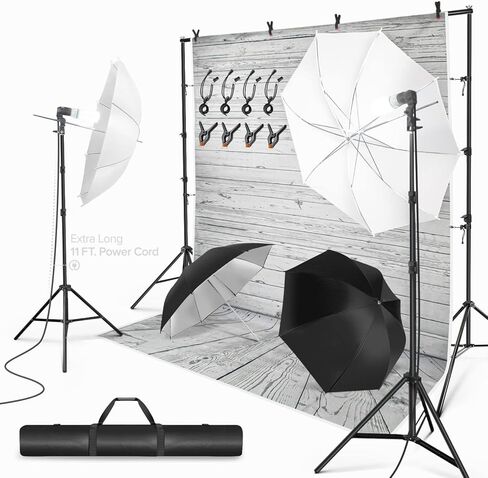 جوليوس ستوديو خلفية ارضية خشبية من الموسلين مع مجموعة اضاءة مظلة، حامل دعم الخلفية، مصباح، مقبس، مشبك زنبركي، عاكس مظلة ابيض واسود، استوديو التصوير الفوتوغرافي، JSAG355 in Kuwait