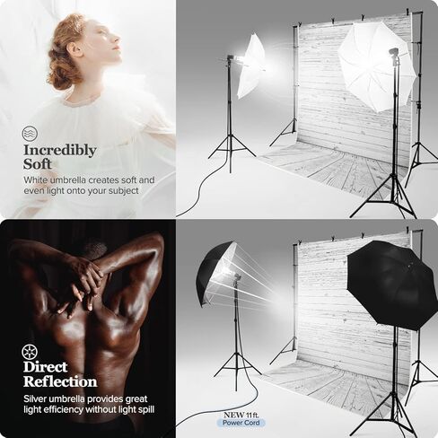 جوليوس ستوديو خلفية ارضية خشبية من الموسلين مع مجموعة اضاءة مظلة، حامل دعم الخلفية، مصباح، مقبس، مشبك زنبركي، عاكس مظلة ابيض واسود، استوديو التصوير الفوتوغرافي، JSAG355 in Kuwait