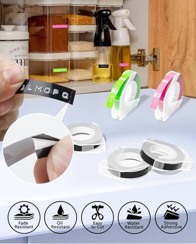 5 عبوات من شريط ملصقات النقش المتوافق مع صانع ملصقات النقش Dymo 3/8، ملصقات بلاستيكية ذاتية اللصق ثلاثية الأبعاد متوافقة مع Dymo Organizer Xpress، (أبيض على أسود/ذهبي) in Kuwait