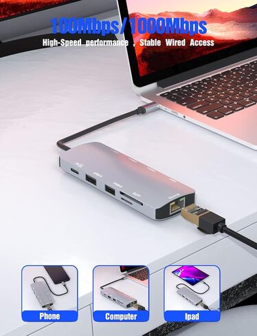 موزع USB C، محول Sivxnem USB C إلى HDMI (4K HDMI USB3.0/2.0 SD/TF 90W PD Gigabit USB-C Dongle)، محطة إرساء USB-C متوافقة مع MacBook Pro/MacBook Air/iPad Pro/Surface Pro 7/ ديل XPS 13 15 in Kuwait