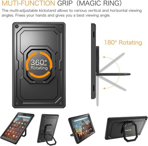 Fintie Case for Amazon Fire HD 10 (7th and 9th Generations, 2017 and 2019 Releases) - [Tuatara Magic Ring] 360 Rotating Multi-Functional Grip Carry Cover w/Built-in Screen Protector, Black in Saudi Arabia
