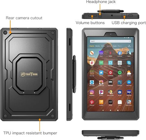 Fintie Case for Amazon Fire HD 10 (7th and 9th Generations, 2017 and 2019 Releases) - [Tuatara Magic Ring] 360 Rotating Multi-Functional Grip Carry Cover w/Built-in Screen Protector, Black in Saudi Arabia