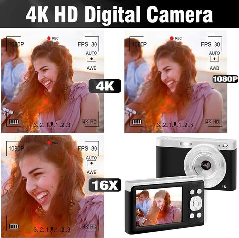 Suvony Digital Camera,4K Digital Camera for Photography & Vlogging,50MP Rechargeable Mini Camera with 32GB SD Card and 2 Batteries,16X Digital Zoom and Autofocus Compact Camera for Teens, Kids,Elder in Saudi Arabia