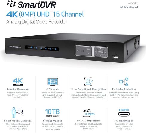 مسجل نظام كاميرا أمان Amcrest 4K UltraHD 16 قناة AI DVR، مسجل فيديو أمان 8 ميجابكسل لكاميرات الأمان التناظرية وكاميرات Amcrest IP، مسجل فيديو رقمي ذكي AI، محرك أقراص ثابتة 3 تيرابايت مثبت مسبقًا (AMDV5116-3TB) in Kuwait