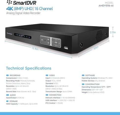 مسجل نظام كاميرا أمان Amcrest 4K UltraHD 16 قناة AI DVR، مسجل فيديو أمان 8 ميجابكسل لكاميرات الأمان التناظرية وكاميرات Amcrest IP، مسجل فيديو رقمي ذكي AI، محرك أقراص ثابتة 3 تيرابايت مثبت مسبقًا (AMDV5116-3TB) in Kuwait