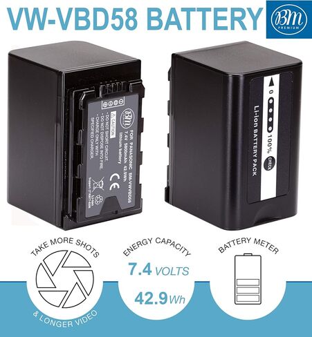 بطاريات وشاحن BM Premium 2 VW-VBD58 لباناسونيك AG-VBR59، BGH1، HC-X1، HC-X1500، HC-X2000، AG-CX10، AG-CX350، AG-UX180، AG-AC30، AG-UX90، AG -DVX200، HC-MDH3E، AJ-PX270، AJ-PX230 كاميرات الفيديو in Saudi Arabia