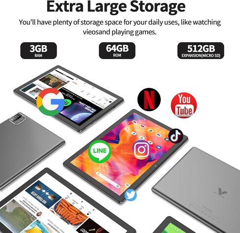VOLENTEX Tablet 10 Inch 3GB RAM 64GB ROM 512GB Expand Android 12, Tablets PC,Quad Core Processor, WiFi, 10.1'' IPS HD Display, 6000mAh Battery, 2MP+8MP Camera,GMS,Type C,Bluetooth in Kuwait