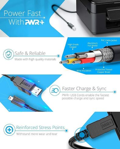 بي دبليو ار + كيبل طابعة USB 2.0 بطول 6 اقدام لاتش بي اوفيس جيت ليزر جيت انفي وكانون بيكسما وابسون وورك فورس ستايلس اكسبريشن هوم وبراذر وسيلويت كاميو، سلك فاكس عالي السرعة 2.0 (1.8 متر) in Saudi Arabia
