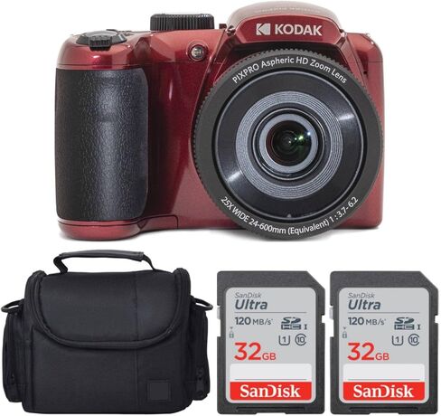 كاميرا Kodak PIXPRO AZ255 الرقمية + بطاقة ذاكرة SanDisk سعة 32 جيجابايت (2) + حقيبة كاميرا/فيديو رقمية (أسود) in Kuwait