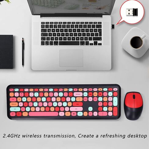 Girl 110Keys Keyboard Mouse Combo, Retro Mixed Color Keyboard with Cute Mouse Set, 1200 DPI 3Keys Wireless Mouse for Gaming PC (Mixed Color Keyboard and Mouse Set) in Saudi Arabia