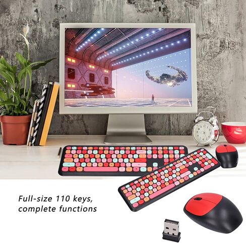Girl 110Keys Keyboard Mouse Combo, Retro Mixed Color Keyboard with Cute Mouse Set, 1200 DPI 3Keys Wireless Mouse for Gaming PC (Mixed Color Keyboard and Mouse Set) in Saudi Arabia