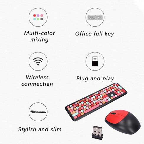 Girl 110Keys Keyboard Mouse Combo, Retro Mixed Color Keyboard with Cute Mouse Set, 1200 DPI 3Keys Wireless Mouse for Gaming PC (Mixed Color Keyboard and Mouse Set) in Saudi Arabia