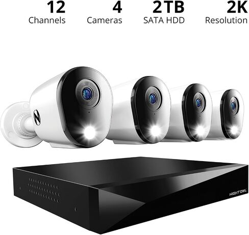 نظام كاميرا مراقبة منزلية للفيديو Night Owl 2-Way Audio 12 قناة DVR مع (4) كاميرات ردع داخلية/خارجية سلكية بدقة 2K HD ومحرك أقراص ثابت سعة 1 تيرابايت (إضافة ما يصل إلى 4 كاميرات سلكية و4 Wi-Fi أخرى) in Saudi Arabia