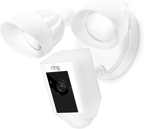 كاميرا Ring Floodlight معتمدة ومُجددة، كاميرا أمان HD عالية الدقة تعمل بالحركة ومحادثة ثنائية الاتجاه وإنذار صفارة الإنذار، باللون الأبيض، تعمل مع Alexa in Saudi Arabia