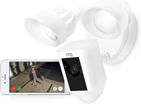 كاميرا Ring Floodlight معتمدة ومُجددة، كاميرا أمان HD عالية الدقة تعمل بالحركة ومحادثة ثنائية الاتجاه وإنذار صفارة الإنذار، باللون الأبيض، تعمل مع Alexa in Saudi Arabia