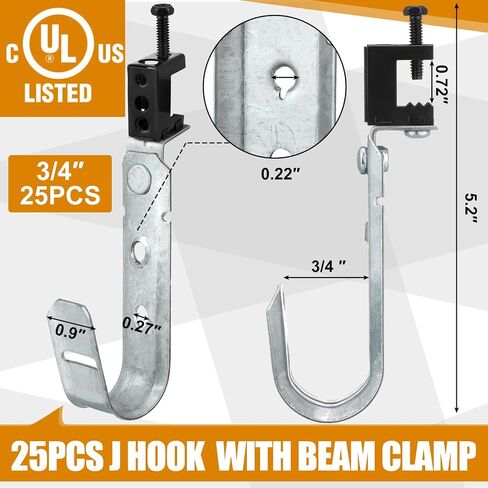 Blulu 25 Pcs Cable Support J Hook with Beam Clam Swivel Heavy Duty Metal Hangers for J Hook Hanging Cable Management Organizing Wire G60 Galvanized Steel (3/4 Inch) in Kuwait