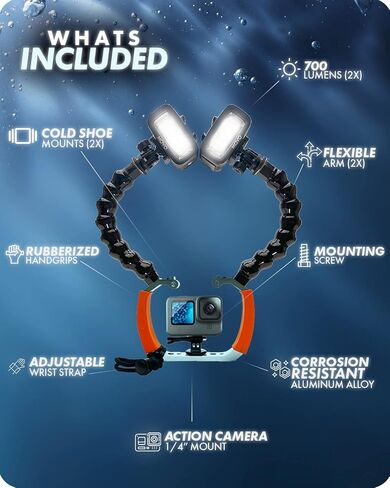 Movo DiveRig7 Underwater Video/Photo Diving Rig for Scuba and Snorkeling - Compact Action Camera Cage Dive Rig, Waterproof Lights with Flexible Arm Mounts - Compatible with GoPro, DJI Osmo, Insta360 in Saudi Arabia
